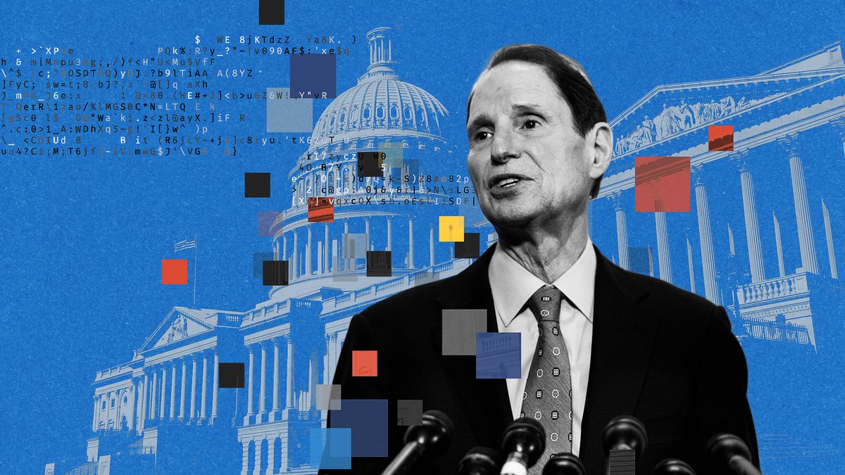 An illustration of Ron Wyden, pixel squares, and the Capitol
