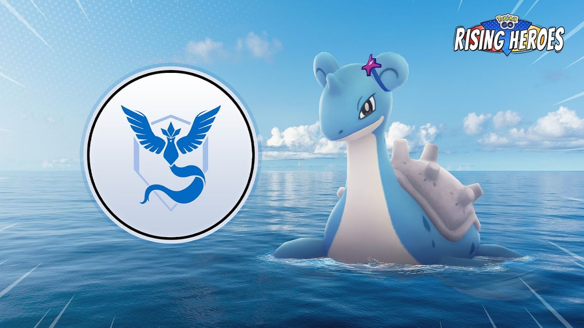 The Team Mystic badge next to a Lapras wearing a Blanche-themed accessory in Pokémon Go.