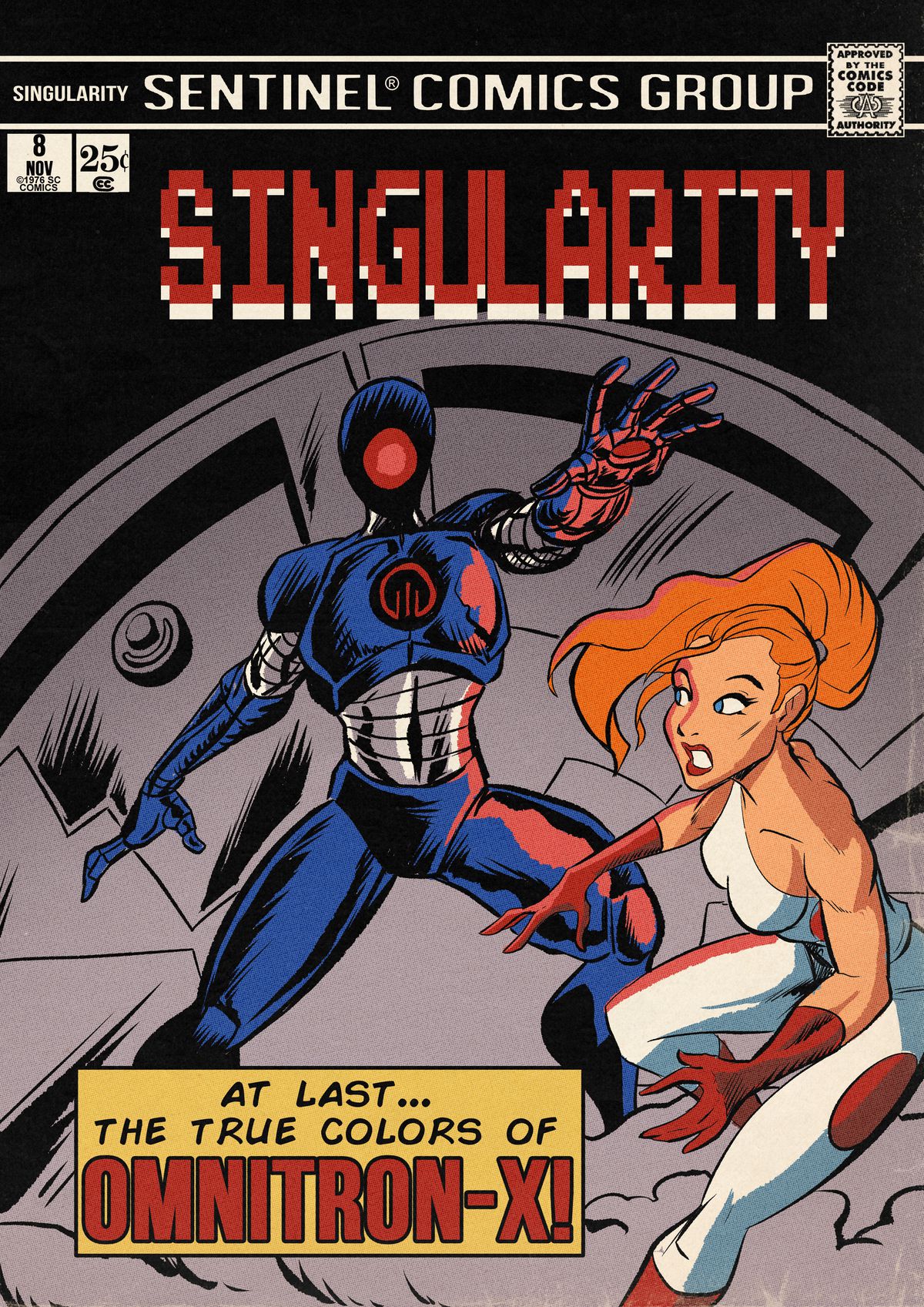 The cover of Sentinel Comics Singularity series shows a robot in front of a vault door, a woman superhero in white ready to fight them.