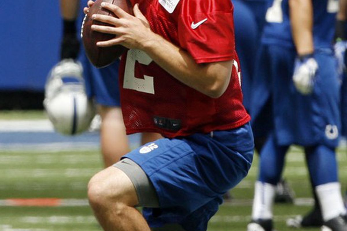 June 13, 2012; Indianapolis, IN, USA; Indianapolis Colts quarterback Andrew Luck throws a pass during minicamp practice at Lucas Oil Stadium. Mandatory Credit: Brian Spurlock-US PRESSWIRE