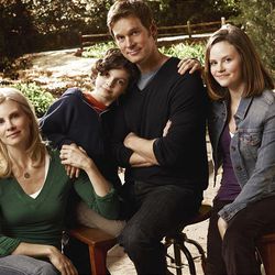 Monica Potter as Kristina Braverman (left), Max Burkholder as Max Braverman, Peter Krause as Adam Braverman, Sarah Ramos as Haddie Braverman star in 'Parenthood.'