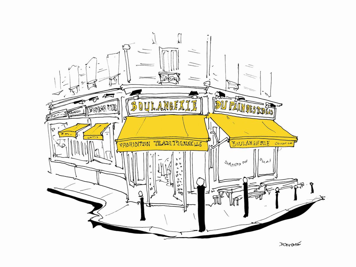 A yellow, white, and black sketching of a bakery storefront in Paris.