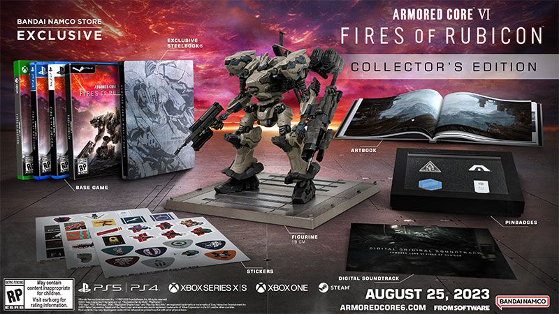A stock photo of the Armored Core 6 Collector’s Edition which includes an Armored Core figurine, Art book, pins, stickers, and a Steelbook case.
