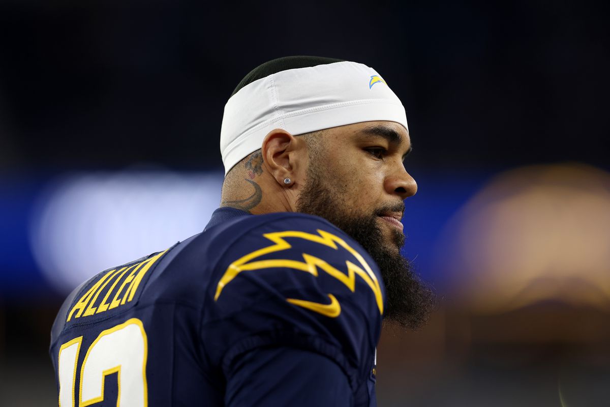 Keenan Allen #13 of the Los Angeles Chargers looks on during warm ups prior to the game against the Baltimore Ravens at SoFi Stadium on November 26, 2023 in Inglewood, California.