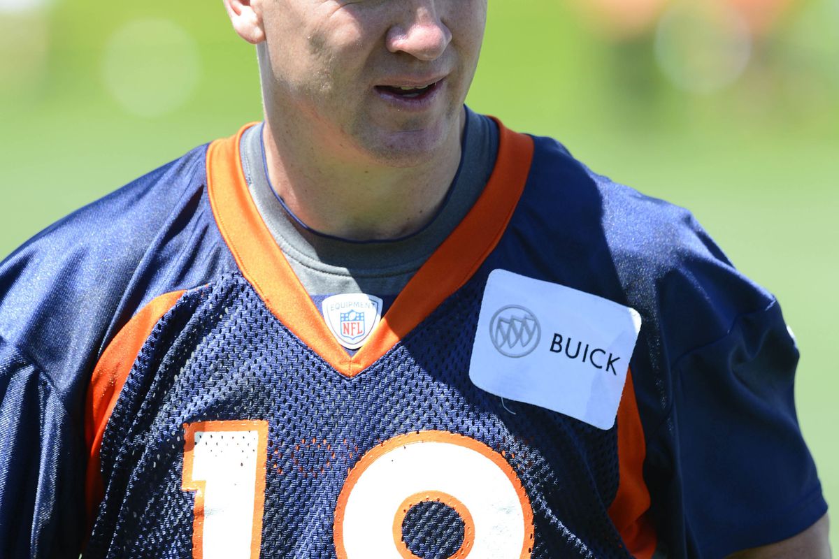 July 30, 2012; Englewood, CO, USA; Denver Broncos quarterback Peyton Manning (18) walks off the field following training camp drills at the Broncos training facility. Mandatory Credit: Ron Chenoy-US PRESSWIRE