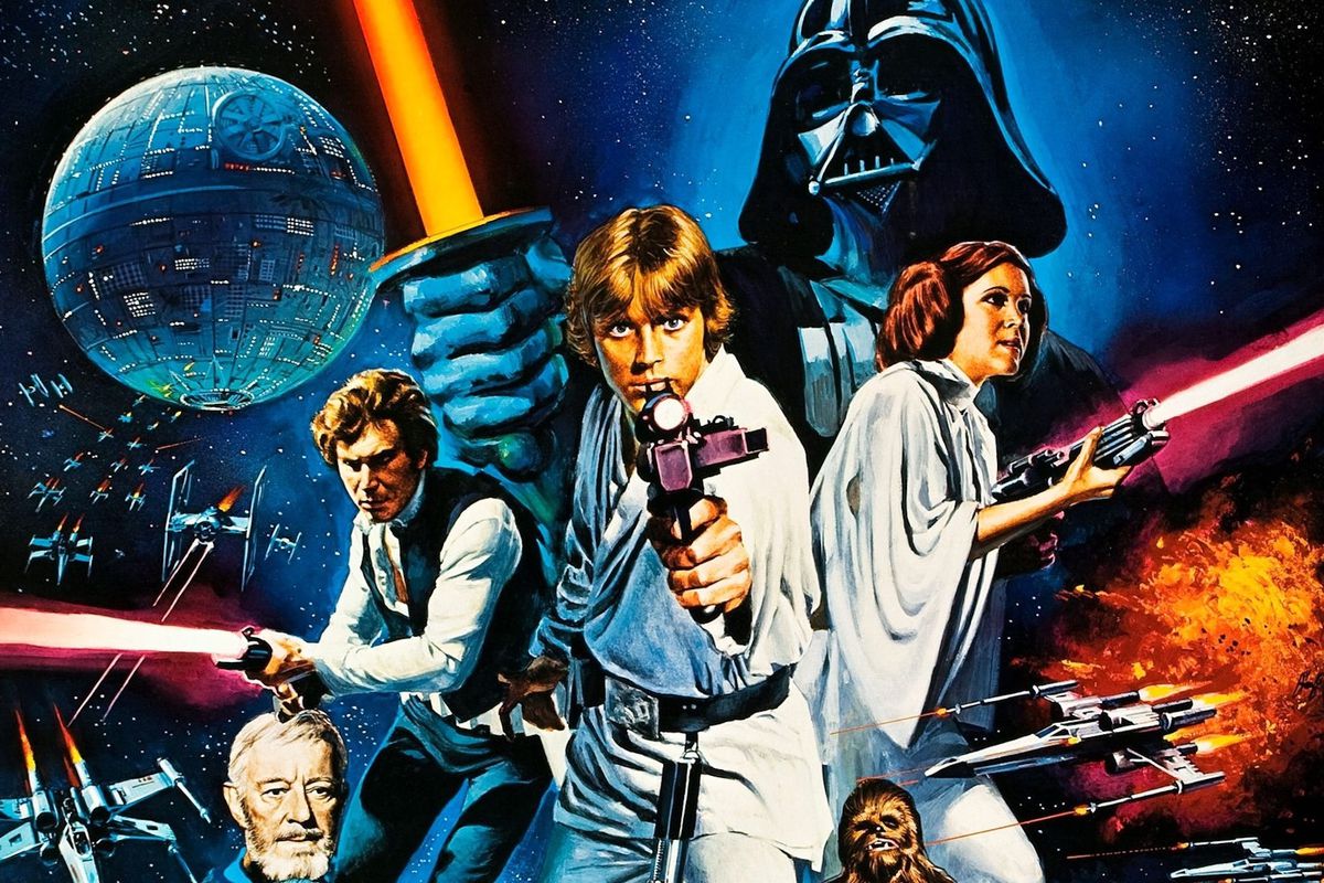 The original poster for Star Wars, featuring Luke Skywalker, Han Solo, Princess Leia, and Darth Vader