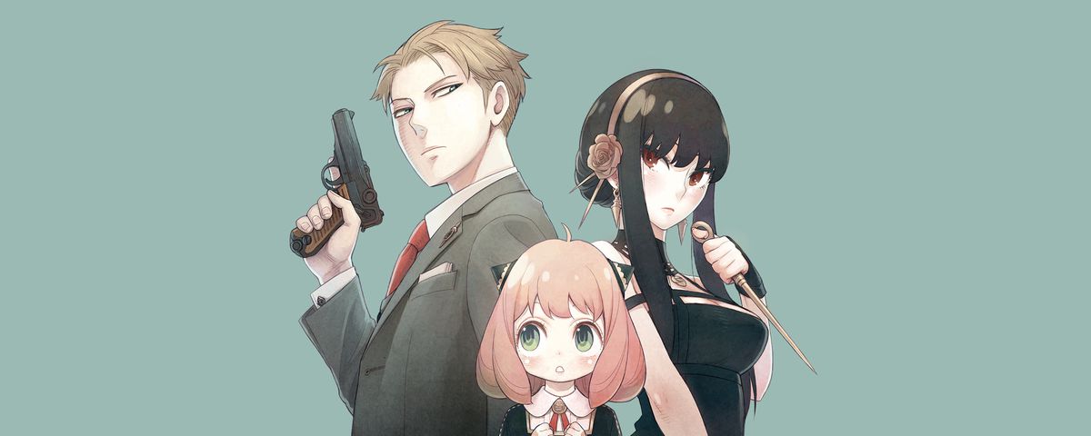 Loid and Yor brandish a gun and a stiletto blade, with tiny Anya in front of them in art from Spy xFamily, Viz Media (2019). 
