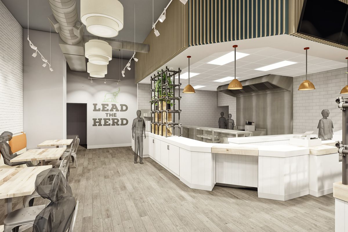 A rendering of a white counter-service restaurant space. A decal on one wall reads “Lead the Herd.”