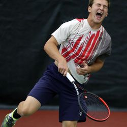 Mountain View's Jon Dollahite reacts after missing a shot during the 4A boys tennis championships at the Eccles Tennis Center in Salt Lake City on Saturday, May 21, 2016.