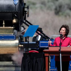 Transportation Secretary Elaine Chao speaks at the Spike 150 celebration at Golden Spike National Historic Park at Promontory Summit on Friday, May 10, 2019.