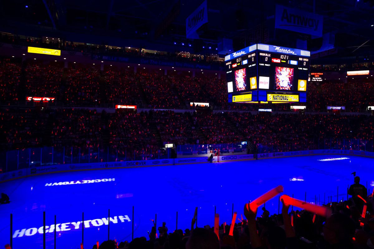 April 15, 2012; Detroit, MI, USA; Fans wave light sticks before game three of the 2012 Western Conference quarterfinals between the Detroit Red Wings and the Nashville Predators at Joe Louis Arena. Mandatory Credit: Rick Osentoski-US PRESSWIRE