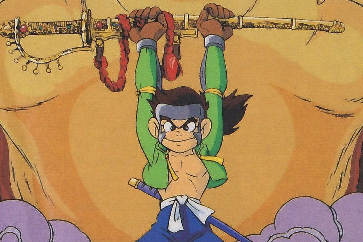 A young warrior in an old-school anime style holds a long sword above his head.