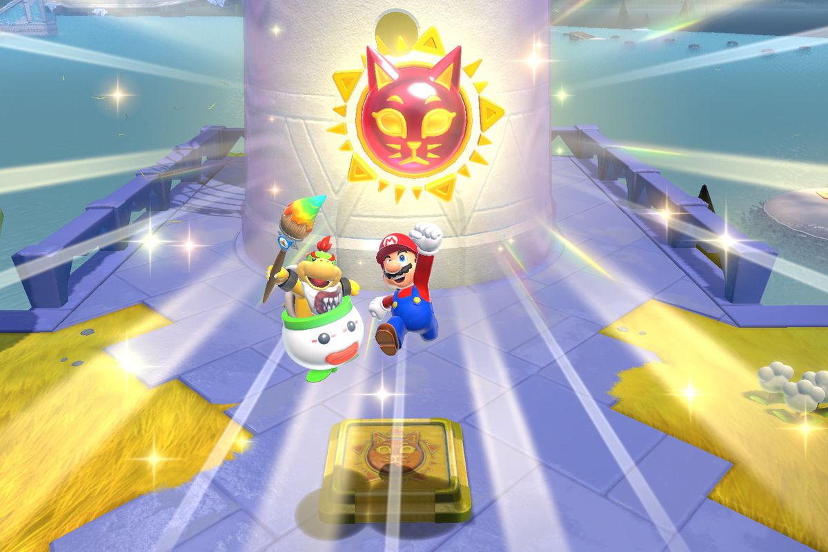 Mario and Bowser Jr. bounce with joy in a screenshot from Super Mario 3D World + Bowser’s Fury