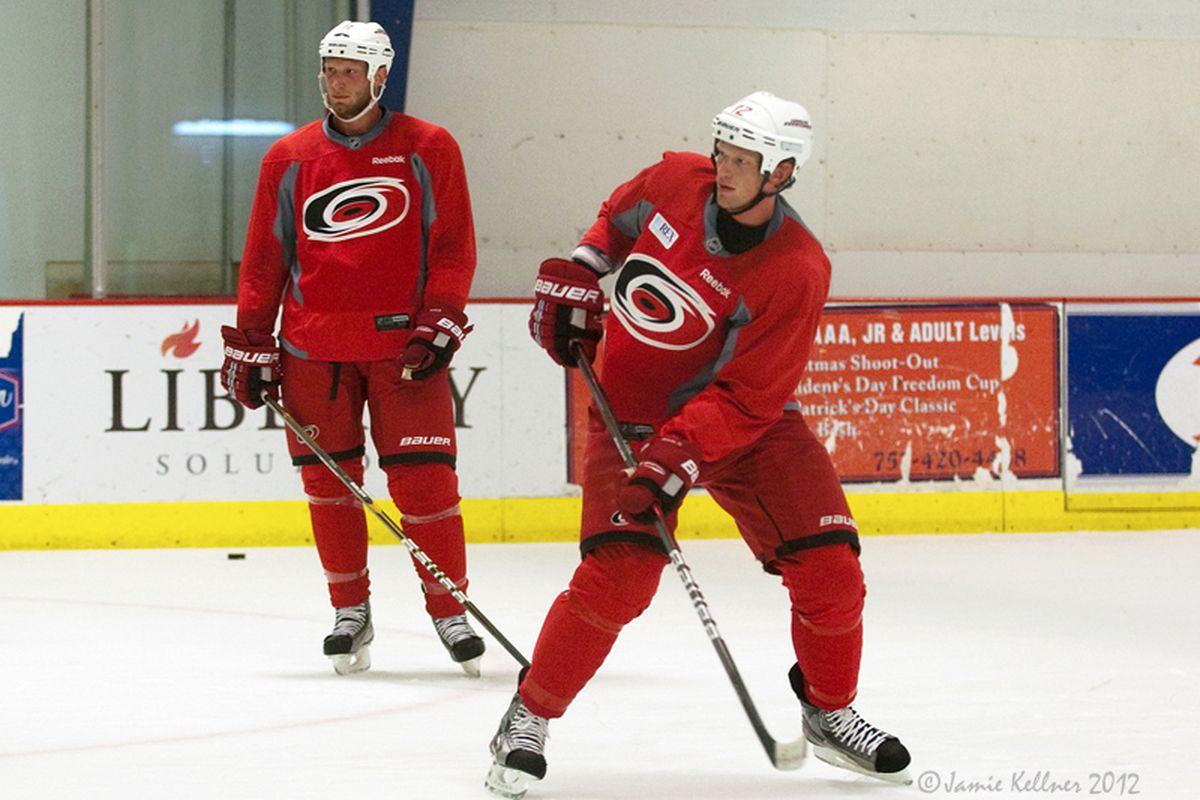 The Brothers Staal are key to the high expectations for the Carolina Hurricanes this season. Above, Jordan (left) and Eric Staal together at a preseason skate in Raleigh in September.