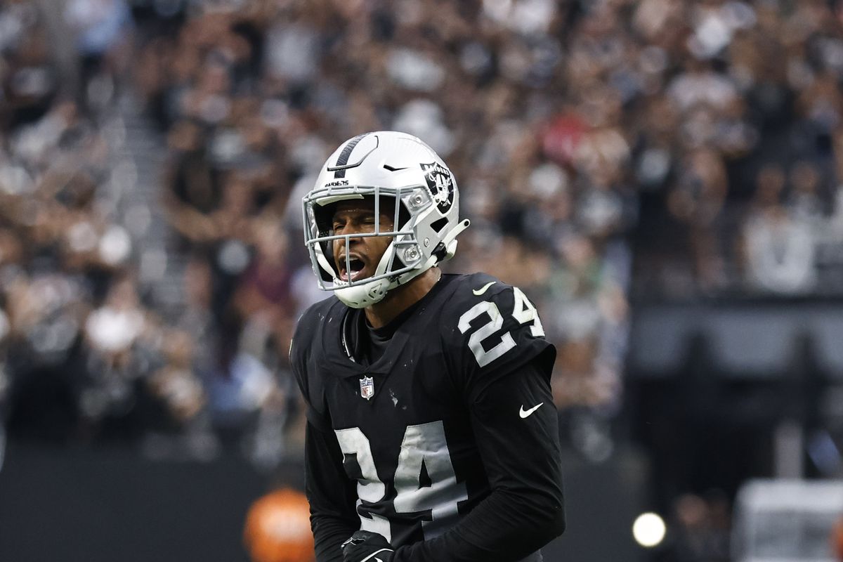 Johnathan Abram #24 of the Las Vegas Raiders reacts after making a pass block during the second half of an NFL football game against the Arizona Cardinals at Allegiant Stadium on September 18, 2022 in Las Vegas, Nevada.