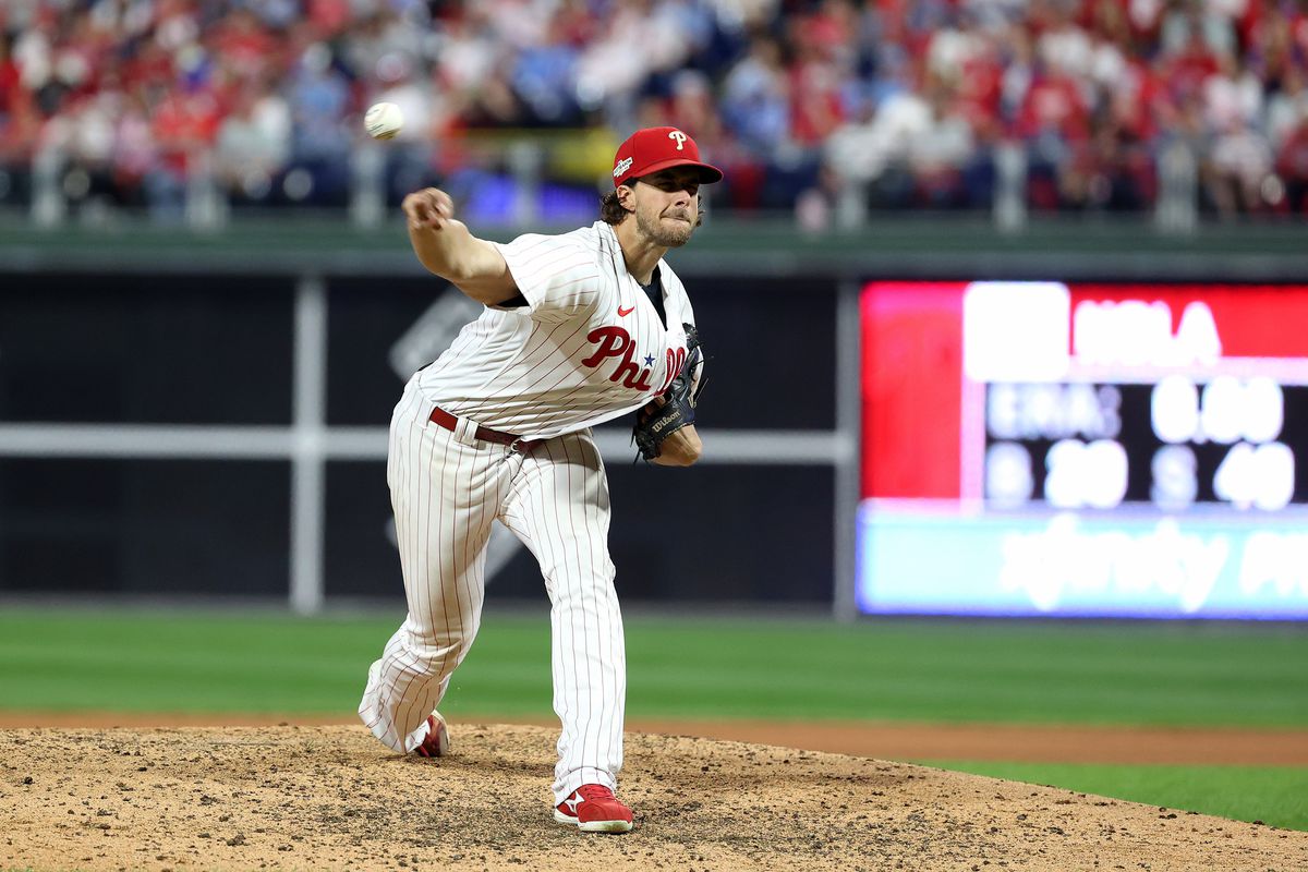 Aaron Nola of the Philadelphia Phillies throws a pitch against the Atlanta Braves during the sixth inning in game three of the National League Division Series at Citizens Bank Park on October 14, 2022 in Philadelphia, Pennsylvania.