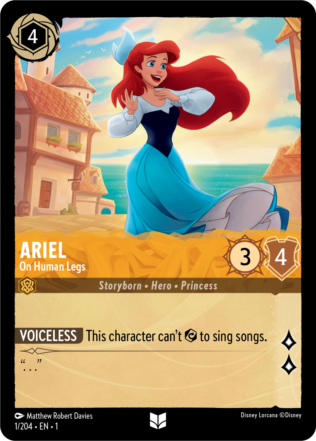 Ariel’s “On Human Legs” card in Disney Lorcana, portraying the mermaid in her human form, unable to sing songs