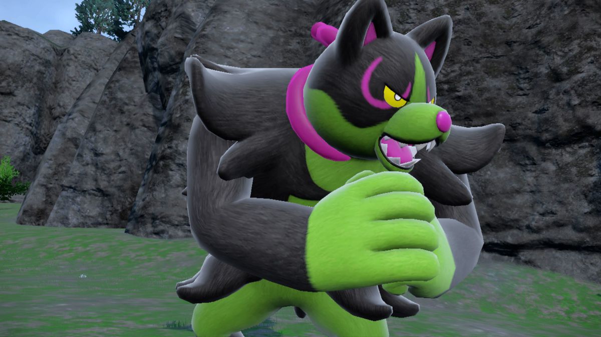 Okidogi, a black and green bipedal dog, pounds his fist in Pokémon Scarlet and Violet: The Teal Mask