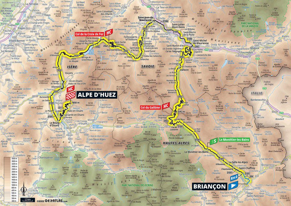 Image of map of Stage 12 of the 2022 Tour de France from Briançon to Alpe d’Huez