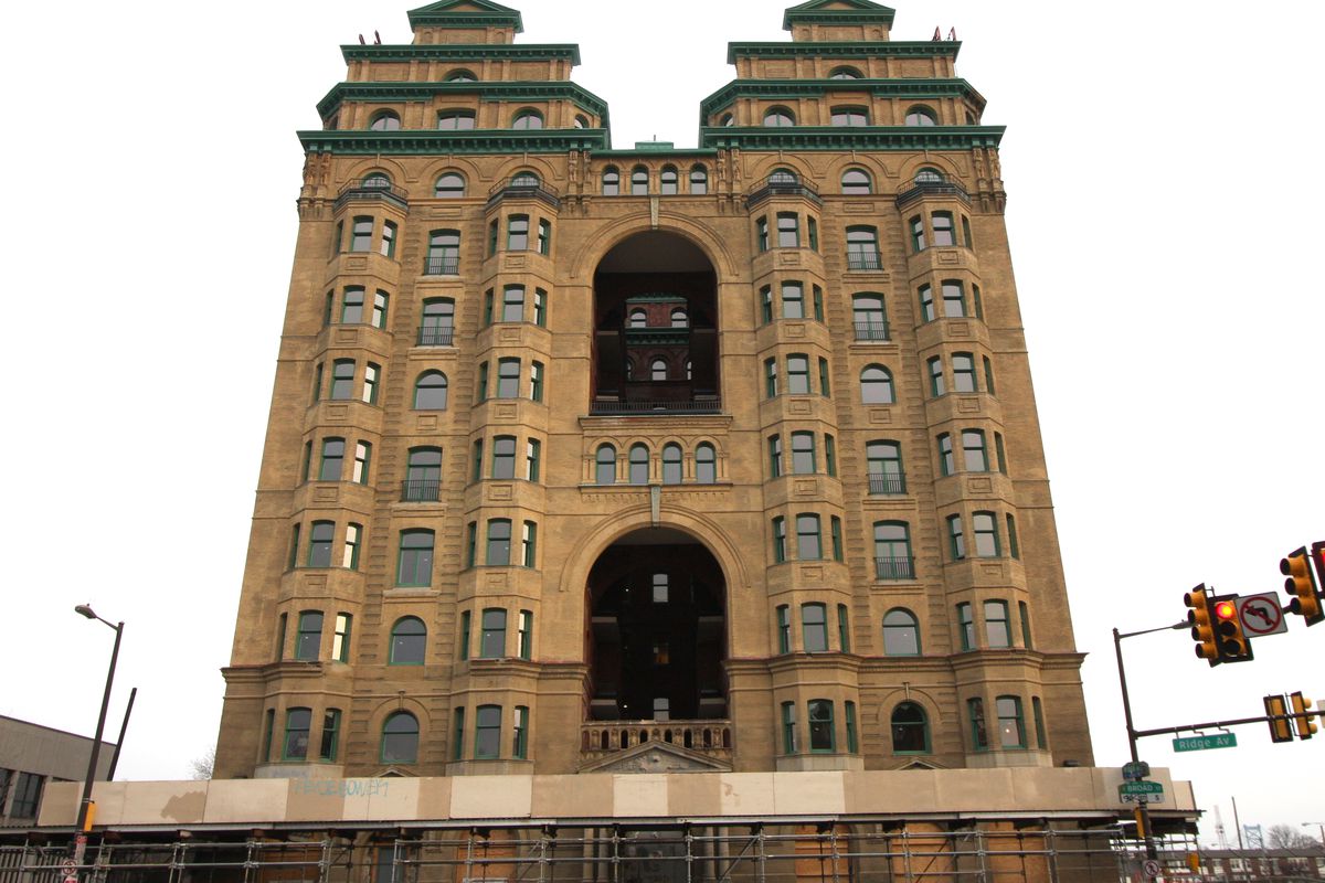 The front view of the Divine Lorraine, a historic Gilded Age building by Willis Hale.