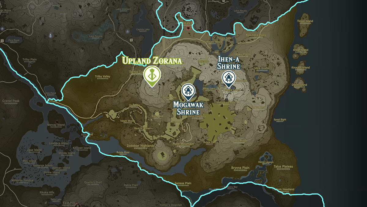 نقشه Zelda Tears of the Kingdom منطقه Upland Zorana با مکان‌های زیارتگاه مشخص شده است