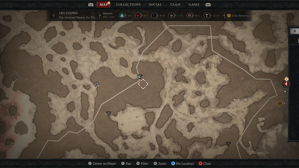 A map of the Dry Steppes in Sanctuary showing the 15th Altar of Lilith in Diablo 4