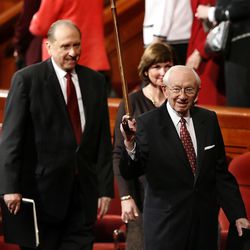 LDS Church President Gordon B. Hinckley and his counselor, President Thomas S. Monson, left, after leave a session of the LDS Church's semiannual general conference in Salt Lake City on Oct. 1, 2006. 