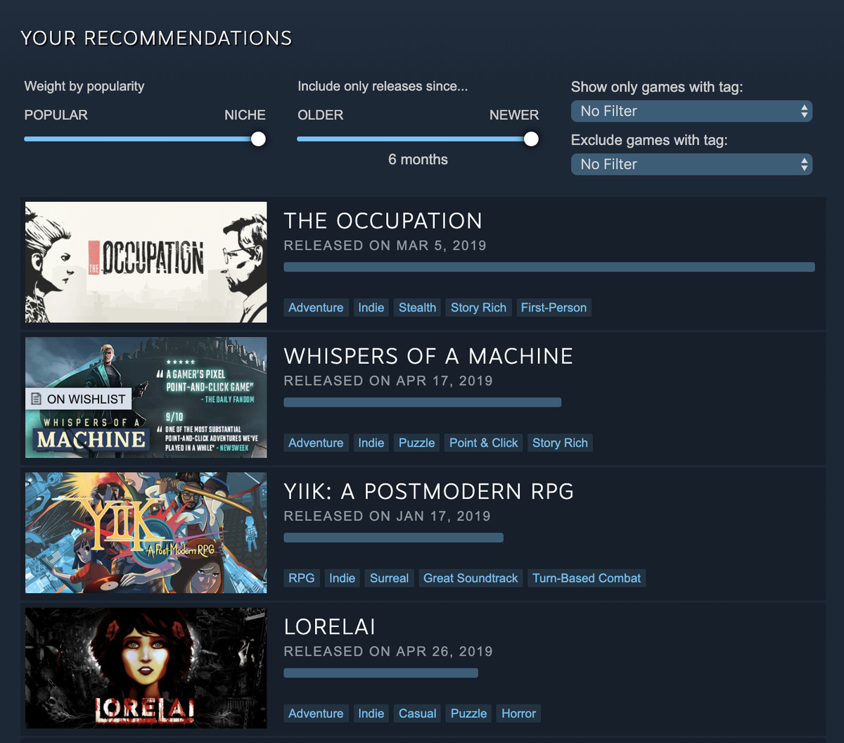 Steam Interactive Recommender recommendations