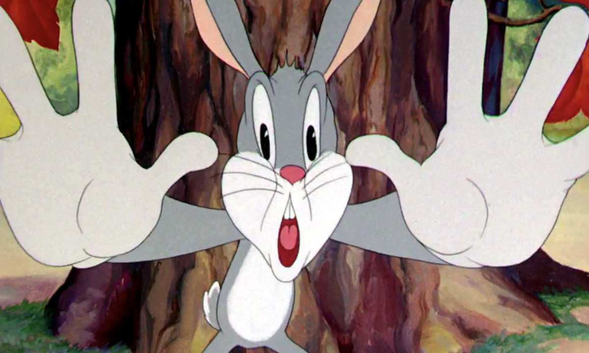A distorted Bugs Bunny flings his hands up toward the camera