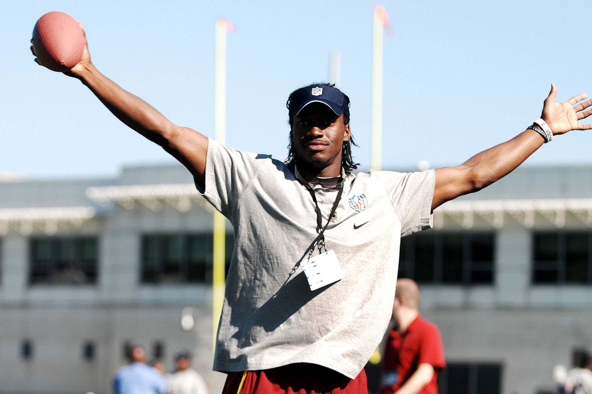 June 26, 2012; Berea, OH USA: Washington Redskins quarterback Robert Griffin III during the AFC rookie symposium at the Cleveland Browns Training Facility.  Mandatory Credit: Eric P. Mull-USPRESSWIRE