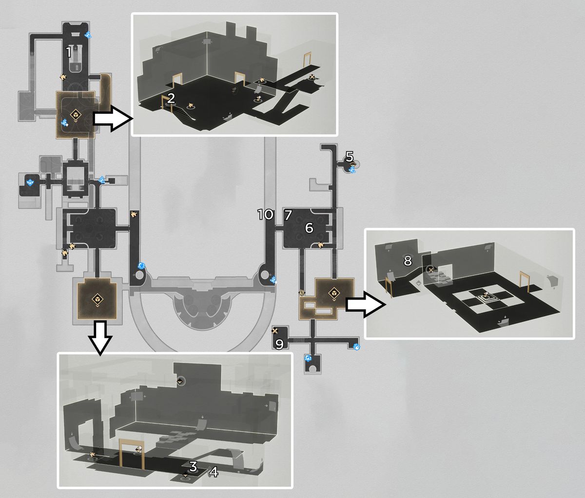 A map of the third floor of Reverie (Dreamscape) from Honkai Star Rail marked with the locations of the origami birds.