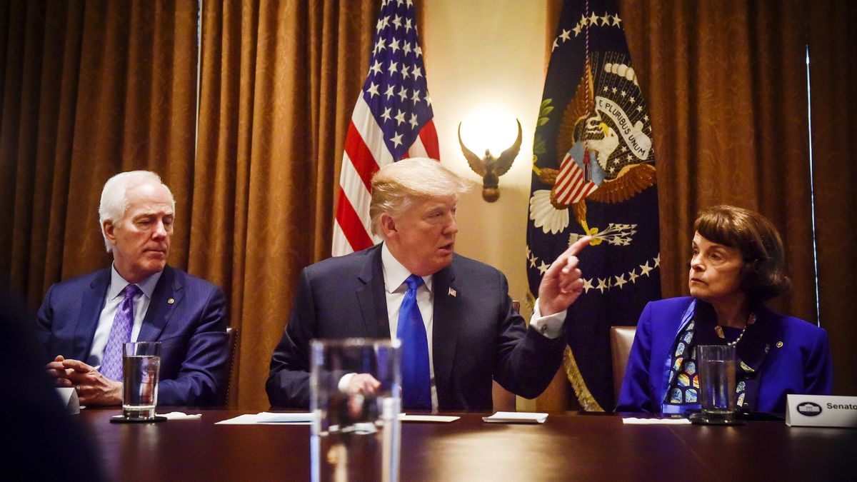 President Trump met with bipartisan members of congress - including John Cornyn (left) and Dianne Feinstein (right) to discuss gun control and school and community safety on February 28, 2018.