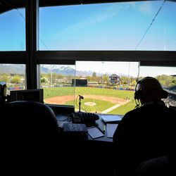 Steve Klauke, the Salt Lake Bees' play-by-play announcer, calls the game at Smith's Ballpark in Salt Lake on Sunday, April 22, 2018.