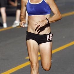 Jenn Shelton pushes toward the end of the Deseret News Marathon Saturday.