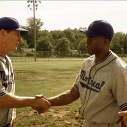 From left, Brett Cullen as Clay Hopper, Chadwick Boseman as Jackie Robinson and Harrison Ford as Branch Rickey in "42."