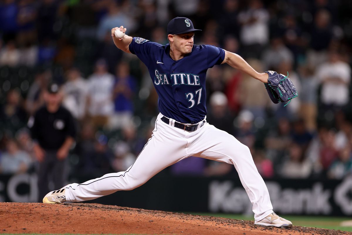 Paul Sewald of the Seattle Mariners pitches against the Minnesota Twins at T-Mobile Park on July 17, 2023 in Seattle, Washington.