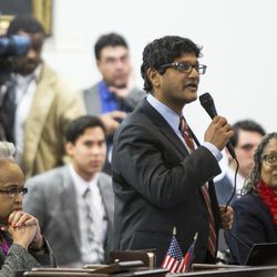 State Sen. Jay Chaudhuri, D-Wake, speaks on the senate floor during a special session of the North Carolina General Assembly called to consider repeal of NC HB2 in Raleigh, N.C., Wednesday, Dec. 21, 2016. North Carolina's legislature reconvened to see if enough lawmakers are willing to repeal a 9-month-old law that limited LGBT rights, including which bathrooms transgender people can use in public schools and government buildings.  