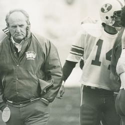 BYU head football coach LaVell Edwards during the BYU-Air Force game on Nov. 22, 1985.