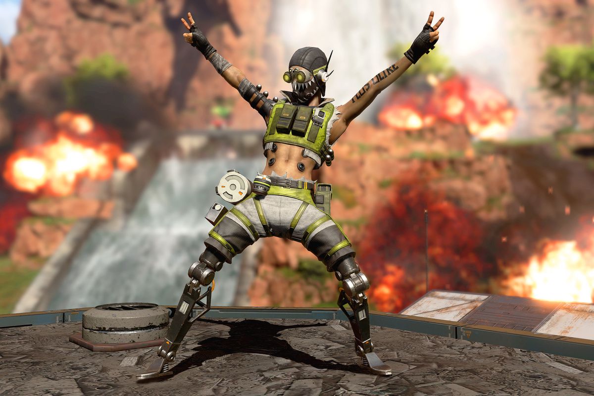 Octane celebrating in Apex Legends as explosions go off behind him