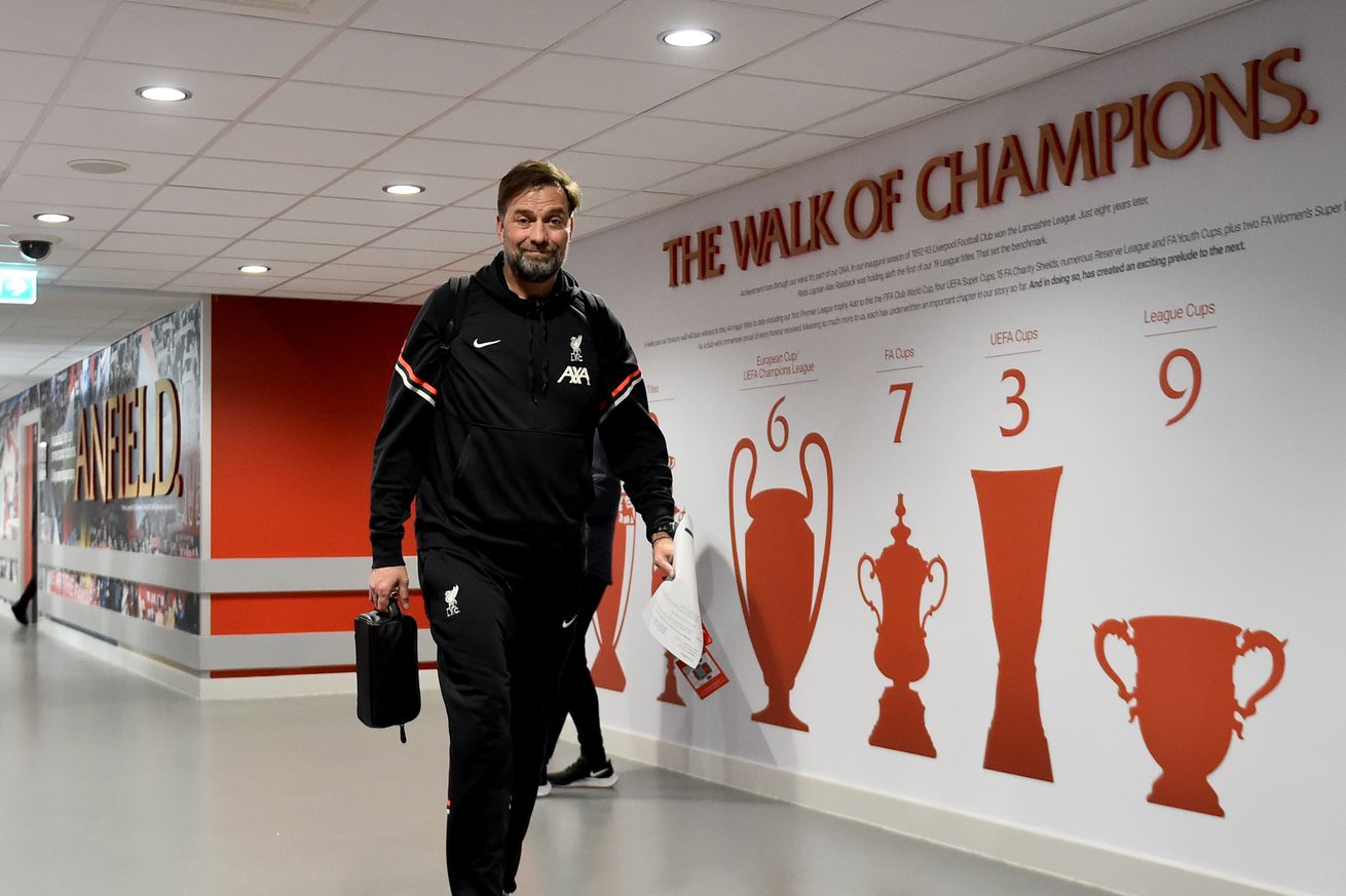 Jürgen Klopp manager of Liverpool arriving before the Emirates FA Cup Fifth Round match between Liverpool and Norwich City at Anfield on March 02, 2022 in Liverpool, England.