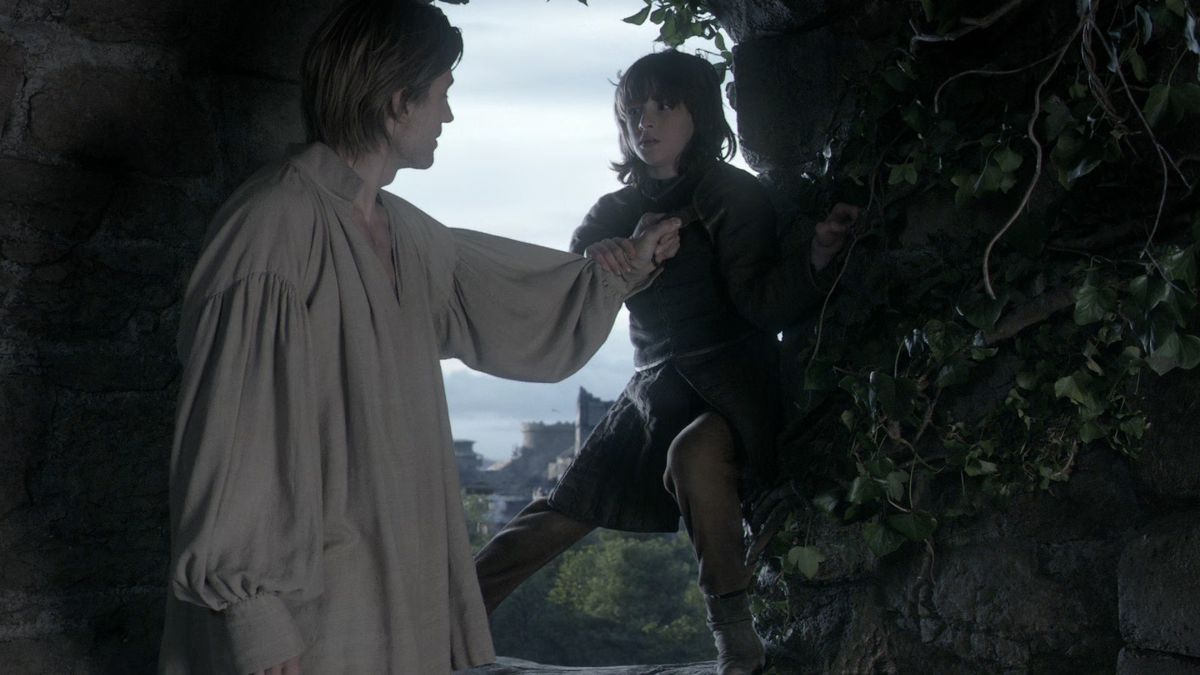 Game of Thrones - Jaime Lannister about to push Bran out of a tower window