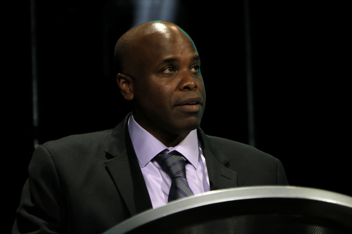 General Manager Mike Grier of the San Jose Sharks speaks on stage during Round One of the 2022 Upper Deck NHL Draft at Bell Centre on July 07, 2022 in Montreal, Quebec, Canada.