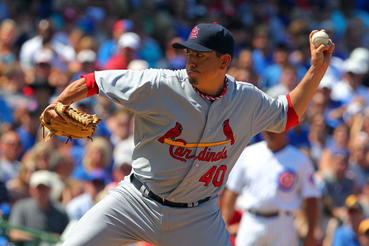 July 28, 2012; Chicago, IL, USA; St. Louis Cardinals relief pitcher Brian Fuentes (40) delivers a pitch during the seventh inning against the Chicago Cubs at Wrigley Field. The Cubs won 3-2. Mandatory Credit: Dennis Wierzbicki-US PRESSWIRE
