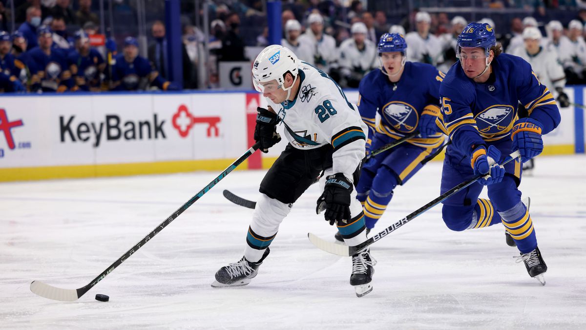 Jan 6, 2022; Buffalo, New York, USA; Buffalo Sabres center John Hayden (15) tries to defend San Jose Sharks right wing Timo Meier (28) as he skates in on a breakaway during the third period at KeyBank Center.