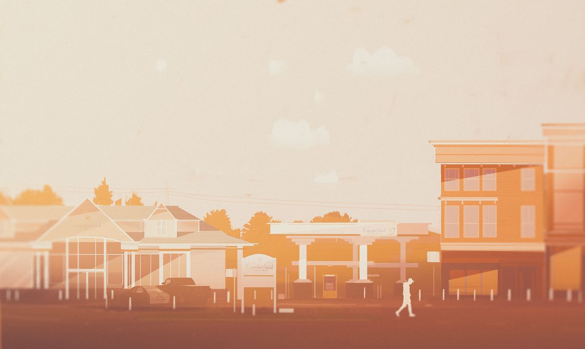 Illustration of a gas station next to old buildings, in the daytime.