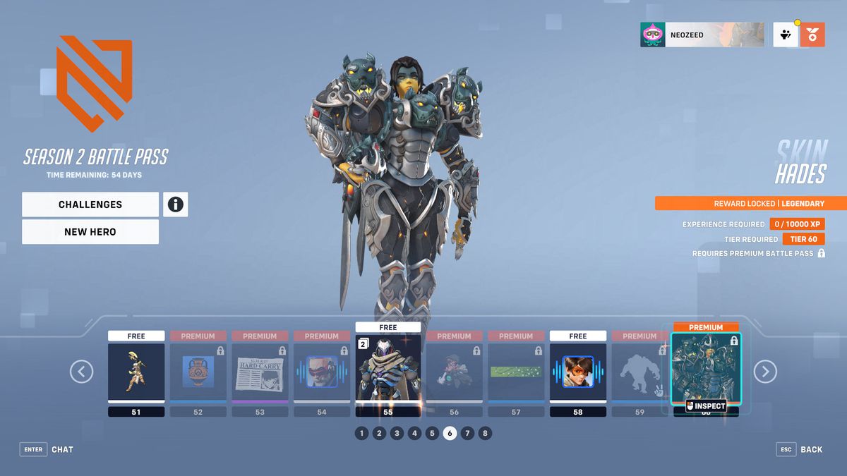 A menu screen for Overwatch 2 showing tiers 51-60 from the season 2 battle pass and Pharah’s Cerberus skin.