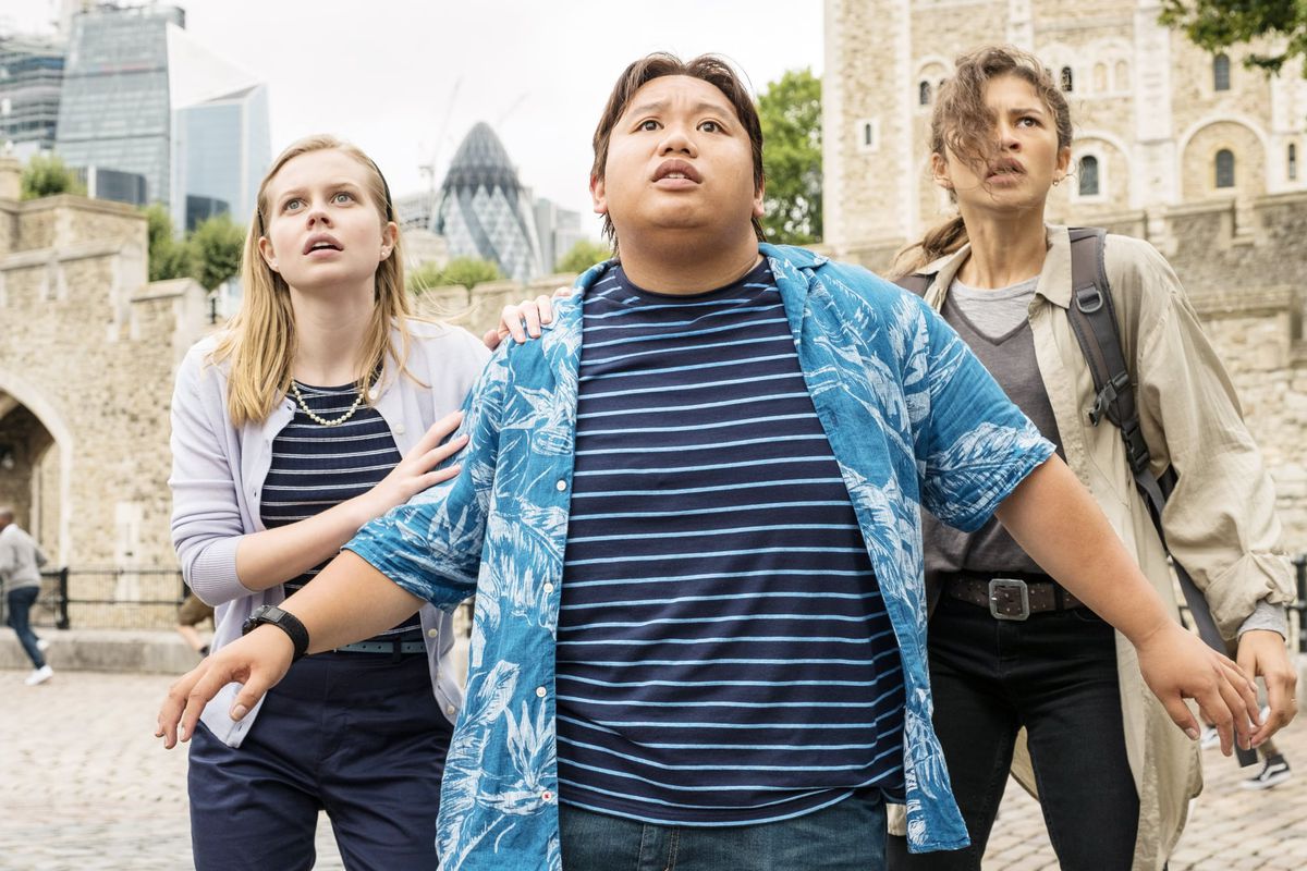 Betty Brant (Angourie Rice), Ned Leeds (Jacob Batalon), and MJ (Zendaya) in a moment of peril.
