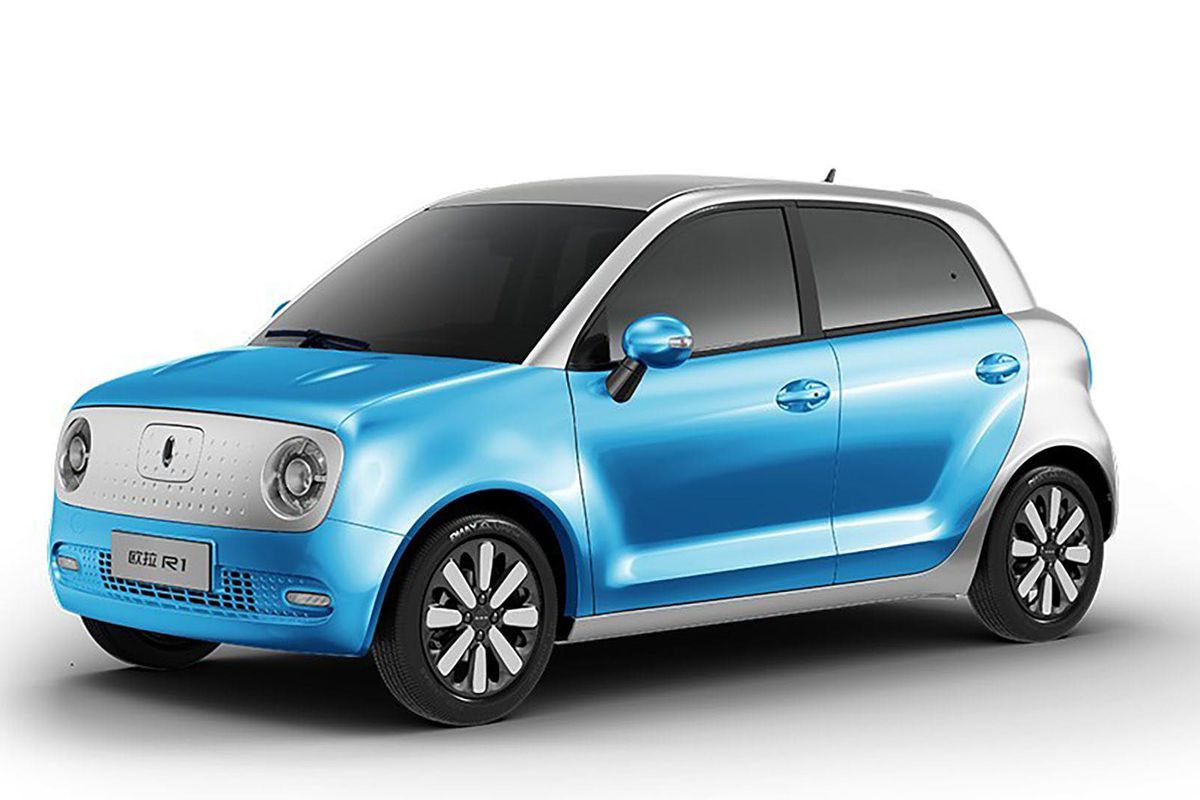 Rendering of blue and white compact car