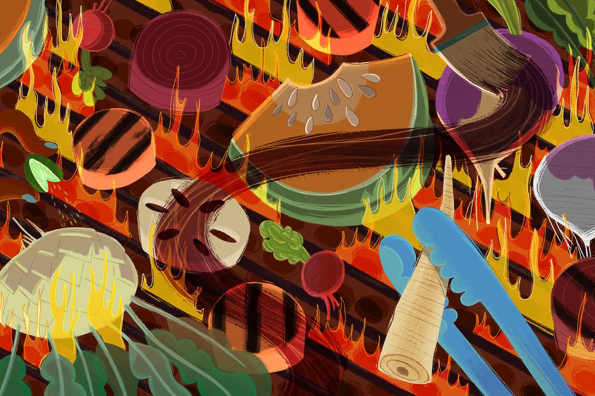 An array of vegetables on a grill. Illustration.