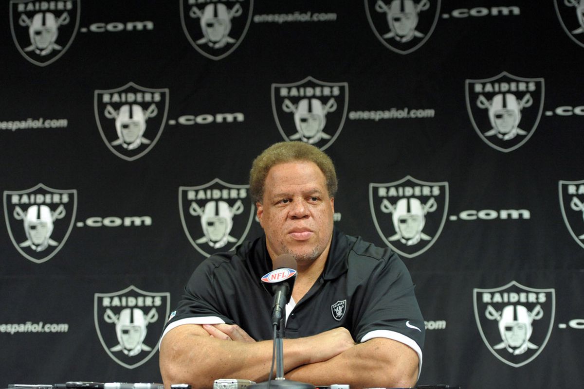 Apr 11, 2012; Alameda, CA, USA; Oakland Raiders general manager Reggie McKenzie at press conference at the Raiders practice facility. Mandatory Credit: Kirby Lee/Image of Sport-US PRESSWIRE